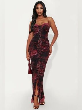 Fashion Nova Burgundy Floral Lace-Up Maxi Dress